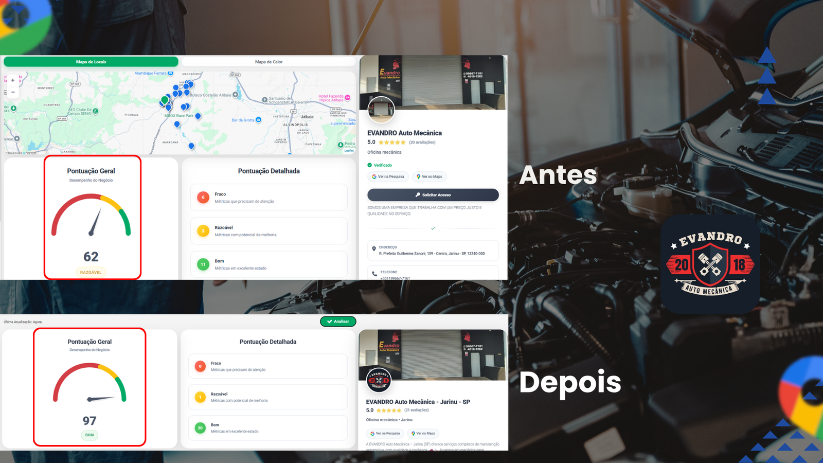 EVANDRO Auto Mecânica — antes e depois da otimização